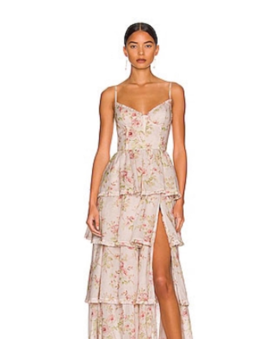 V. Chapman Blush Floral Tiered High-Low Maxi Dress with Slit